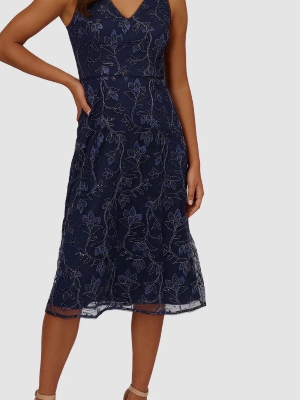 Papell Studio Womens' Blue Floral Sequin Embroidered Midi Dress Size 16